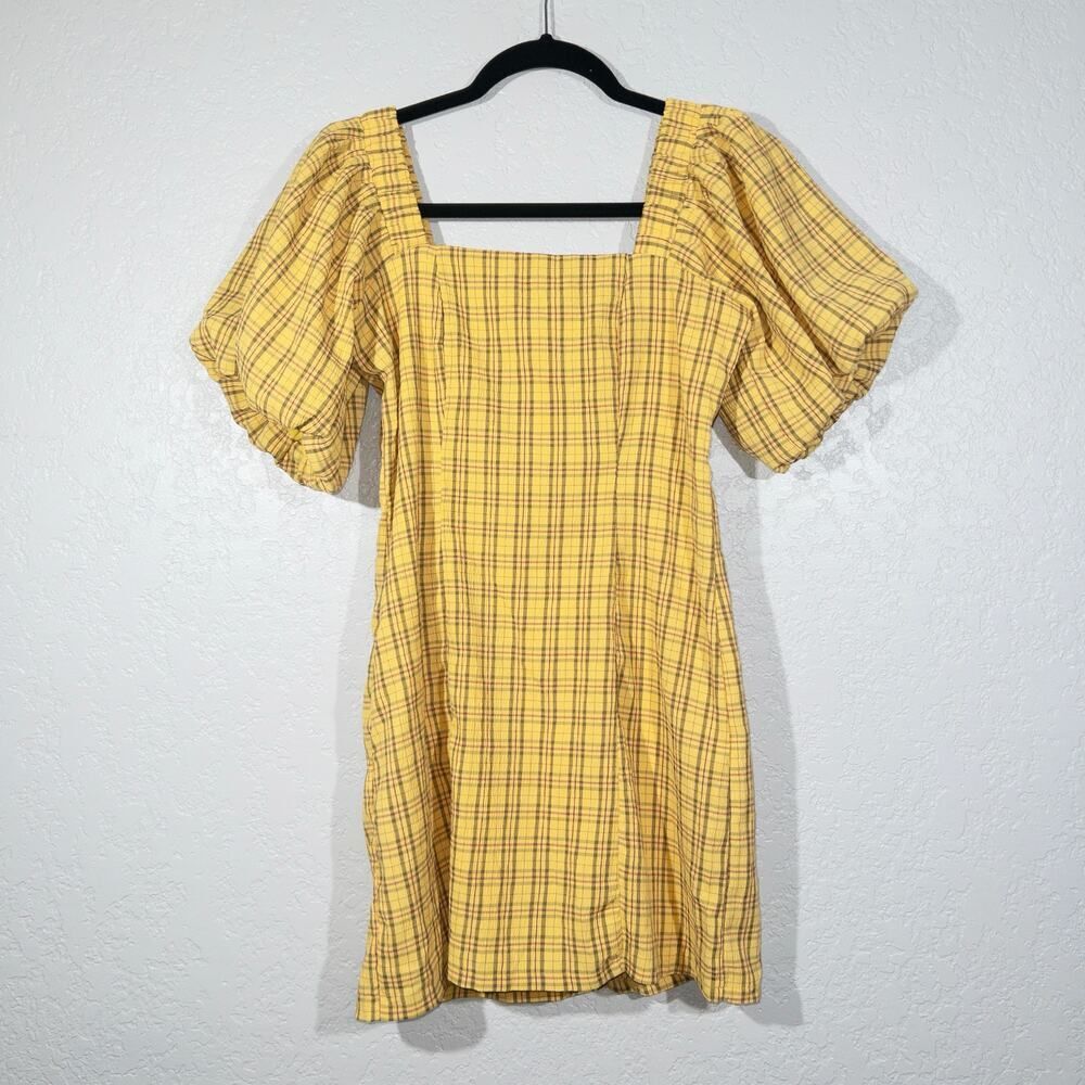 Lena Golden Yellow Plaid‎ Balloon Sleeve Mini Dress Size Small